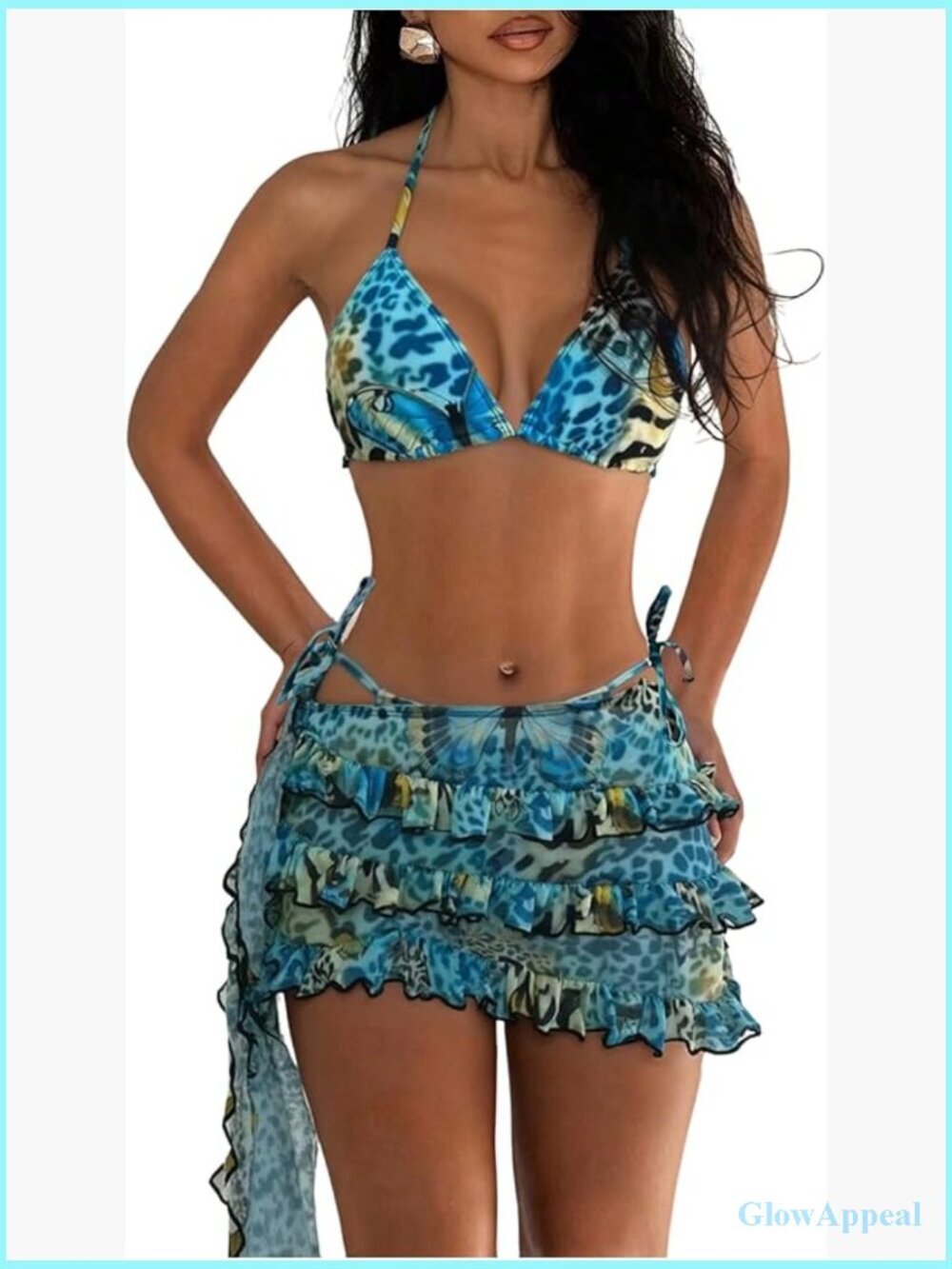 3 Piece Halter Bikini Set Tie Dye Knot Side Swimsuit with Ruffle Beach Skirt